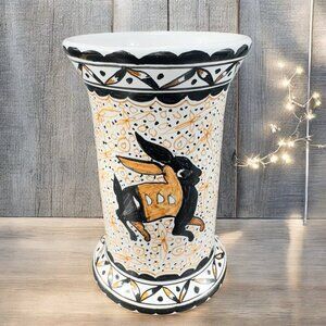 Vintage Portuguese Pottery Hand Painted Vase Vessel Deer Bunny Scene Portugal